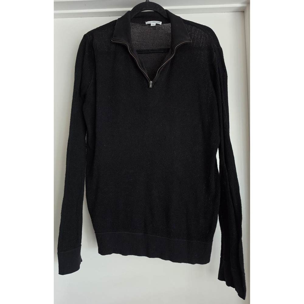 James Perse Men Pullover Sweater Size 1 Solid Black Cotton Long Sleeve Knit Top
